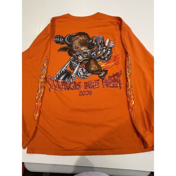 Sturgis Bike Week 2008 Long Sleeve Motorcycle T-Shirt Double Sided Orange Flames - Picture 12 of 16